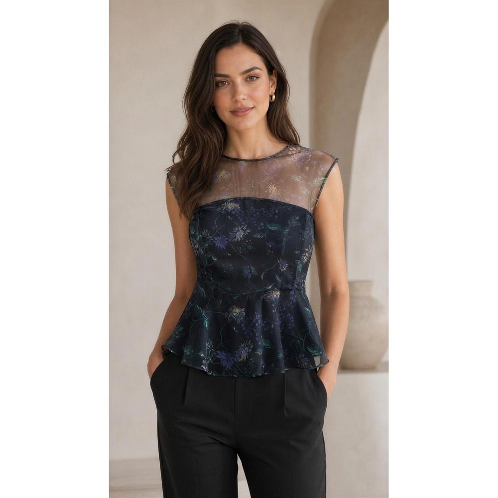 Broadway 38 Floral Mesh Yoke Peplum Top Sleeveless Black Blue FA26M-1236 Small